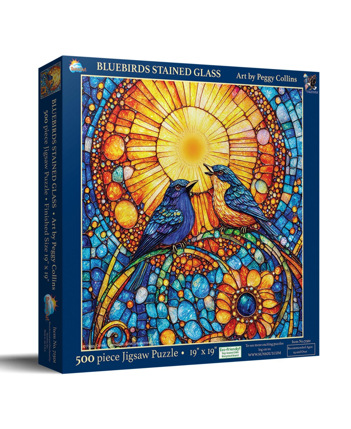 SunsOut Bluebirds Stained Glass 500 piece Jigsaw Puzzle for Adults