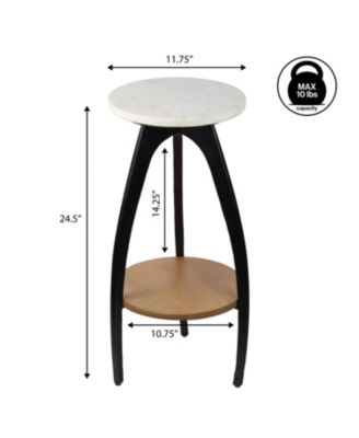 Ollie 24.5" Designer Farmhouse Metal Tripod Drink Table and Decorative End Table with White Marble Round Top and Wood Undershelf
