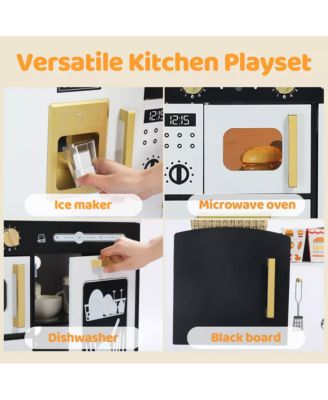 Wooden Pretend Play Kids Kitchen, Toy Kitchen Playset w/Oven, Microwave for Boys Girls Age 3