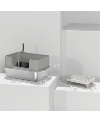 Sleek Gray Stainless Steel Litter Box with High Sides & Scoop – Elevate Your Home with Refined Odor Control