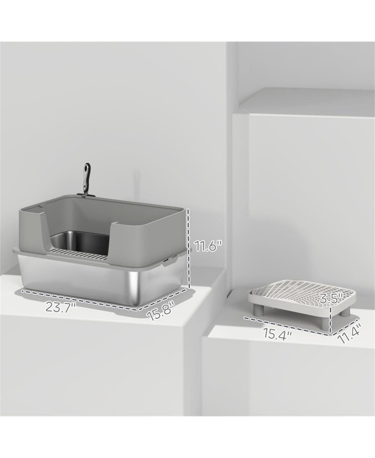 Aostirmotor Sleek Gray Stainless Steel Litter Box with High Sides & Scoop – Elevate Your Home with Refined Odor Control