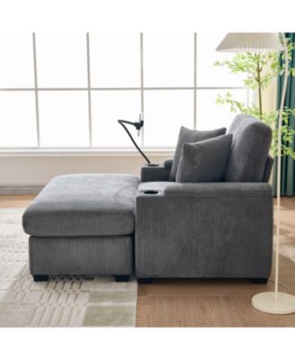 Oversized Corduroy Chaise Lounge Chair with Ottoman, Storage & USB - Grey