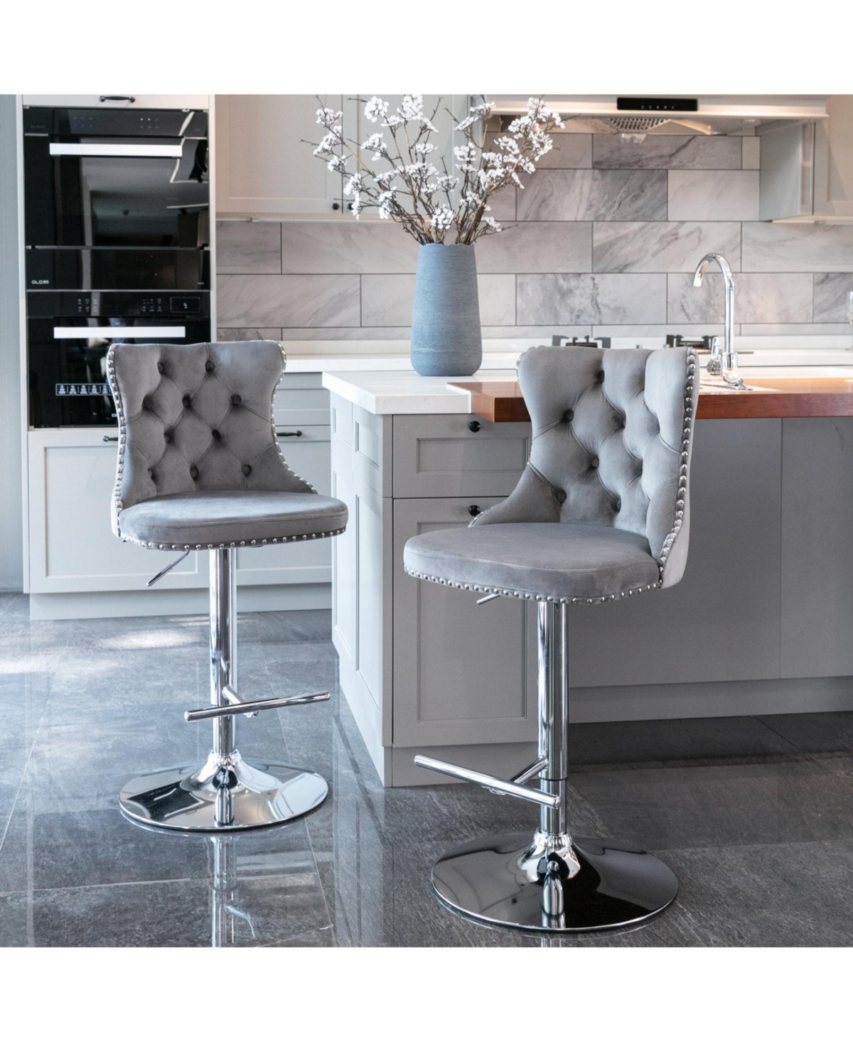 Streamdale Furniture Streamdale Swivel Velvet Barstools, Adjustable Height, Chrome Base, Set of 2, Gray