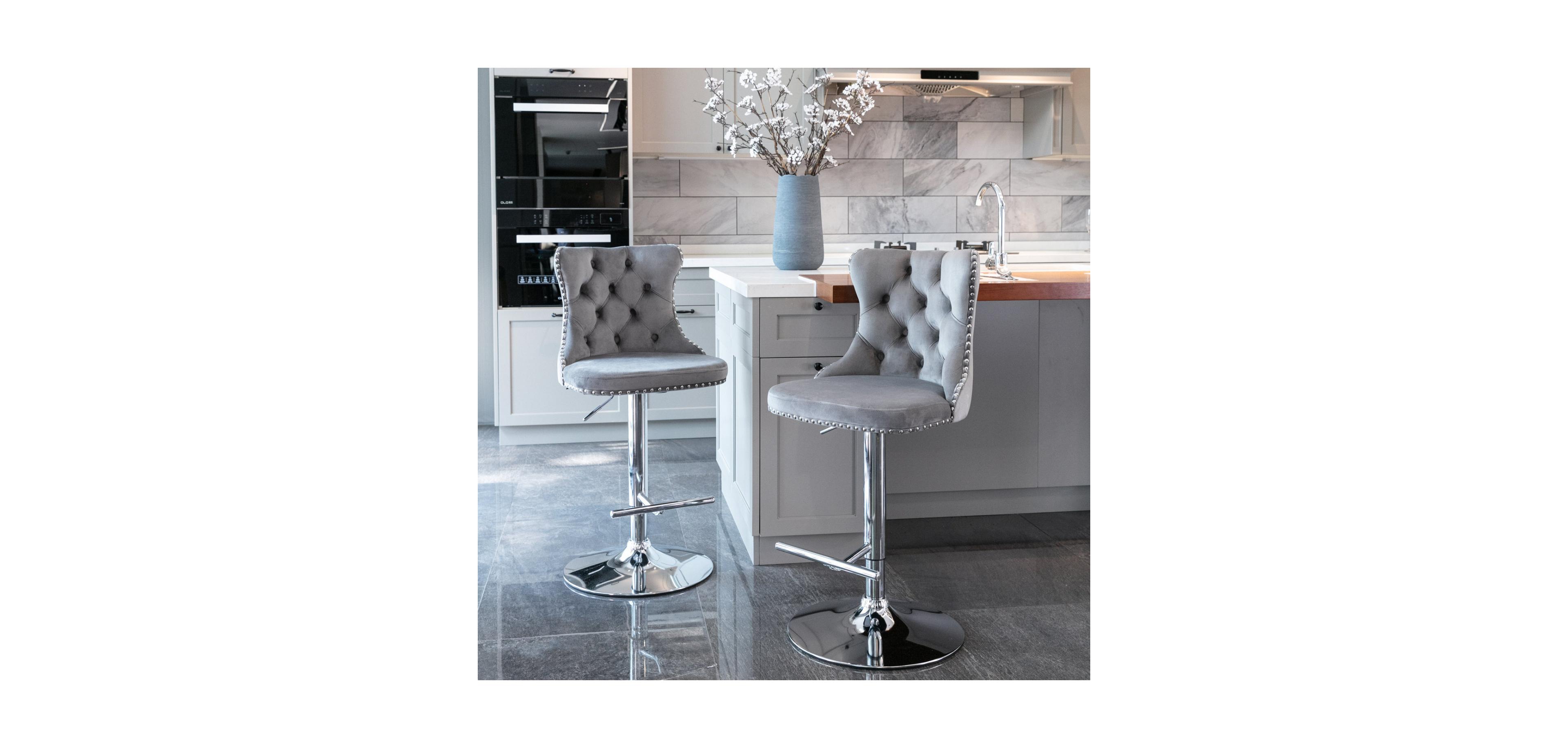 Streamdale Furniture Streamdale Swivel Velvet Barstools, Adjustable Height, Chrome Base, Set of 2, Gray