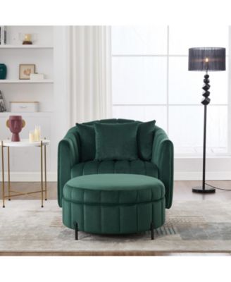 Swivel Velvet Barrel Chair & Ottoman with Pillows - GREEN