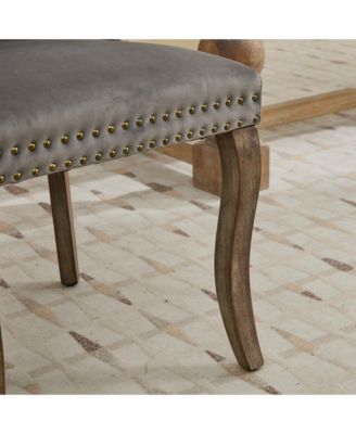  Velvet Tufted Dining Chairs, Wood Handles & Legs, Copper Nails, Set of 2, Gray