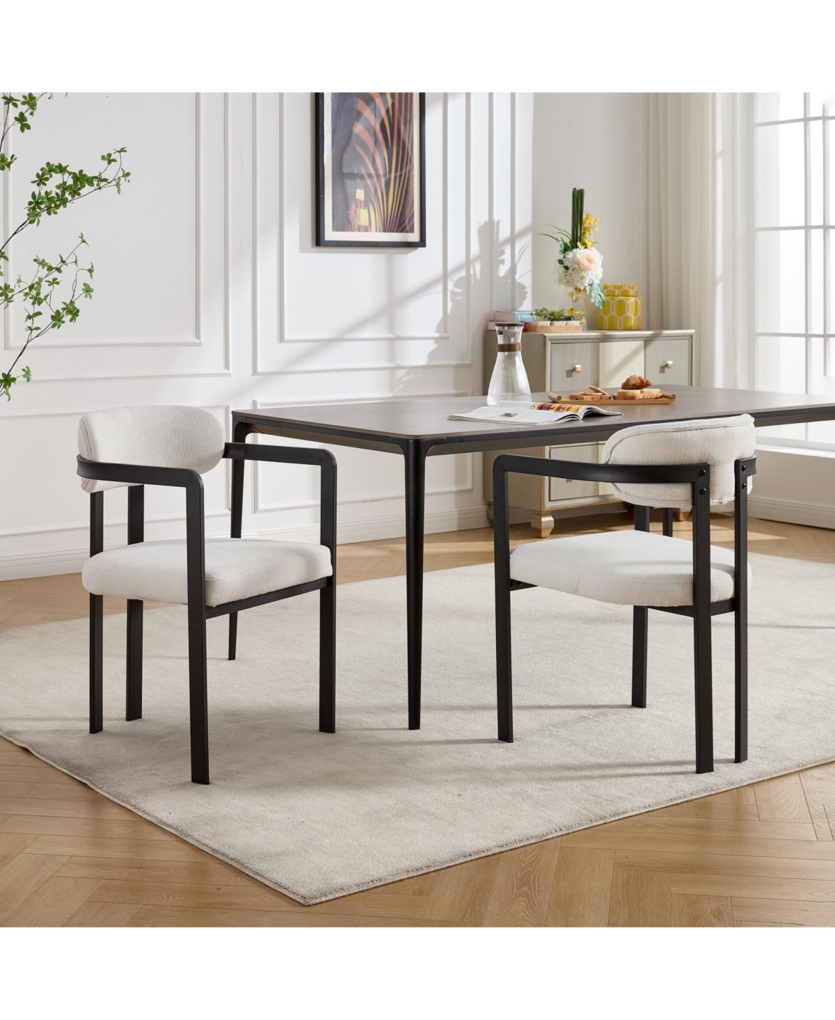 Streamdale Furniture Boucle Dining Chairs Set of 2, Mid-Century Modern, Black Metal Legs