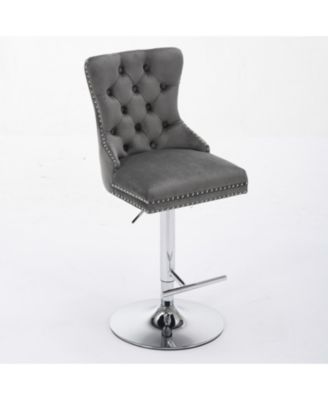 Chrome Swivel Velvet Barstools, Adjustable Height, Tufted, Gray (Set of 2)