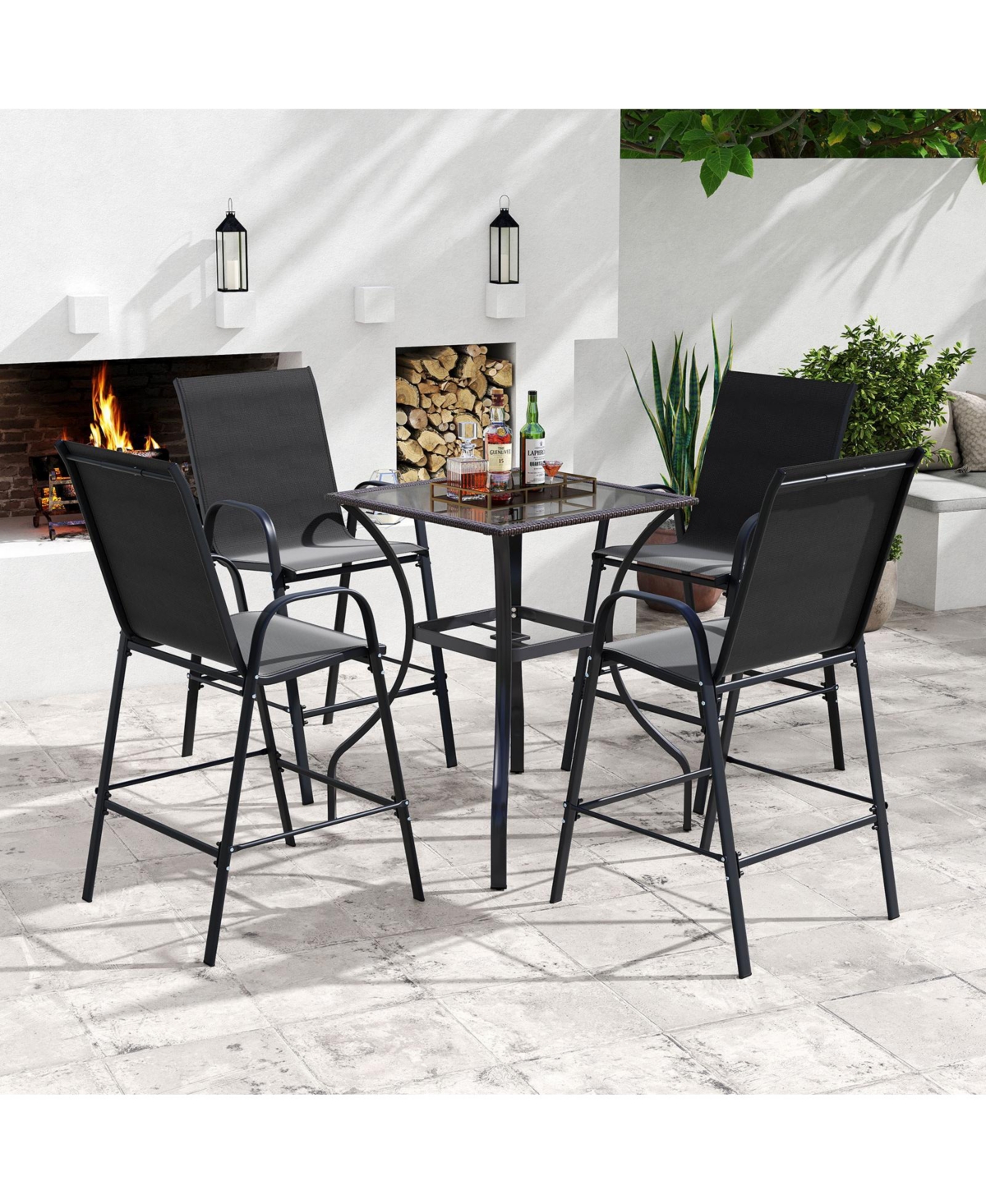 Gymax 4PCS Outdoor Bar Stools 29'' Fabric Height w/ Armrests & Footrest