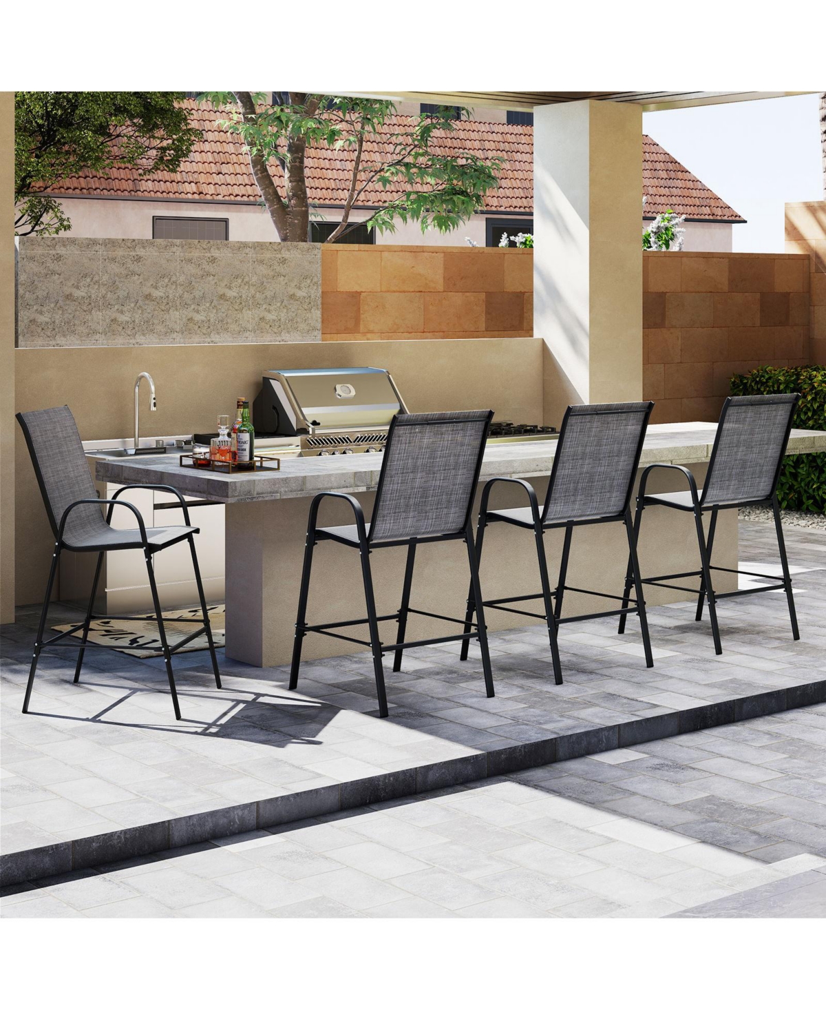 Gymax 4PCS Outdoor Bar Stools 29'' Fabric Height w/ Armrests & Footrest