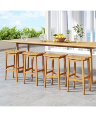 Outdoor Acacia Wood Bar Stools Set of 4 w/ PE Rattan Seats & Backrests
