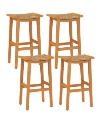 Outdoor Acacia Wood Bar Stools Set of 4 w/ PE Rattan Seats & Backrests