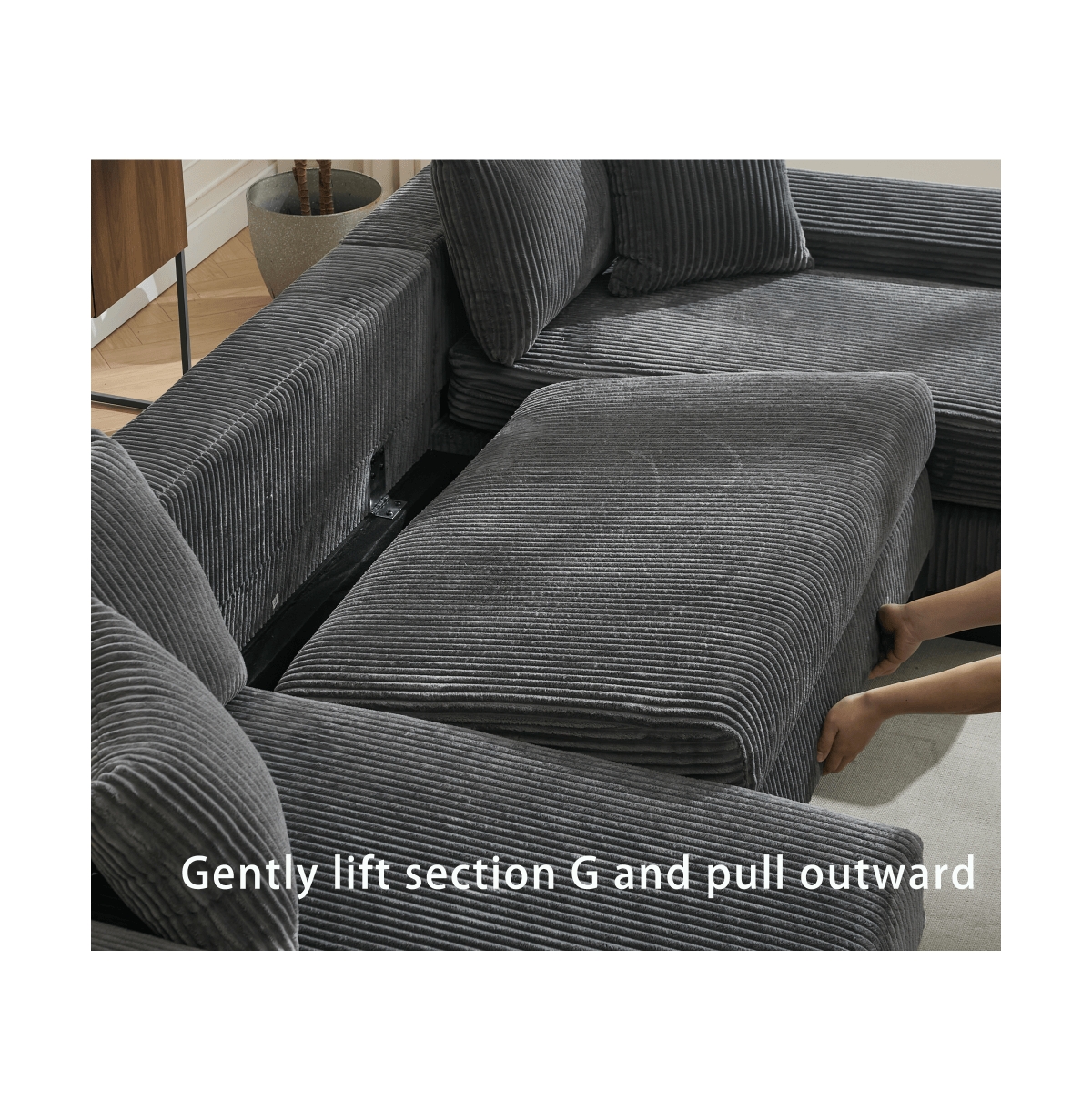 Maison Boucle 114" U-Shaped Corduroy Upholstery Pull-Out Sleeper Bed, Oversized Convertible Sectional, Chaise Lounges, Pillows & Cushions Sofa Be