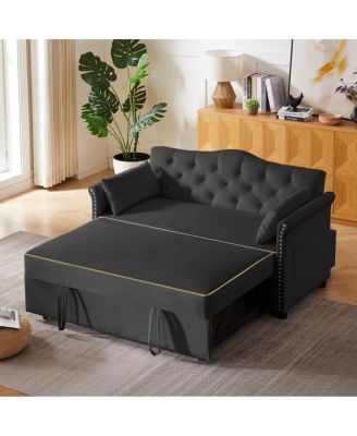 Velvet Pull Out Sofa Bed with Nailhead Arms, Sleeper Sofa with Tufted Back for Small Spaces, Guest Room, Living Room
