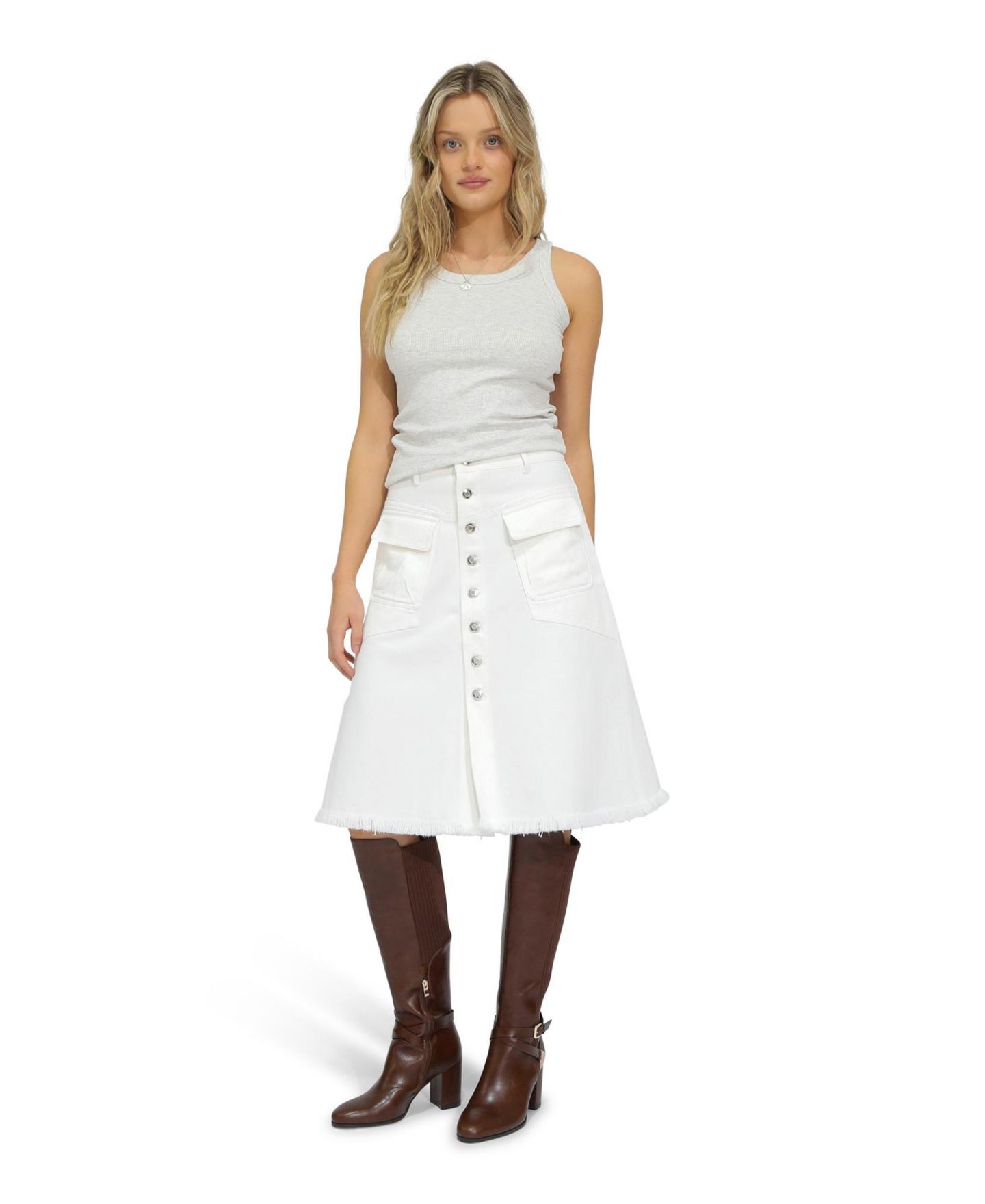 Женская юбка Belle & Bloom Let Me Wander Button Front Denim Midi, цвет: Молочный белый — фото 1