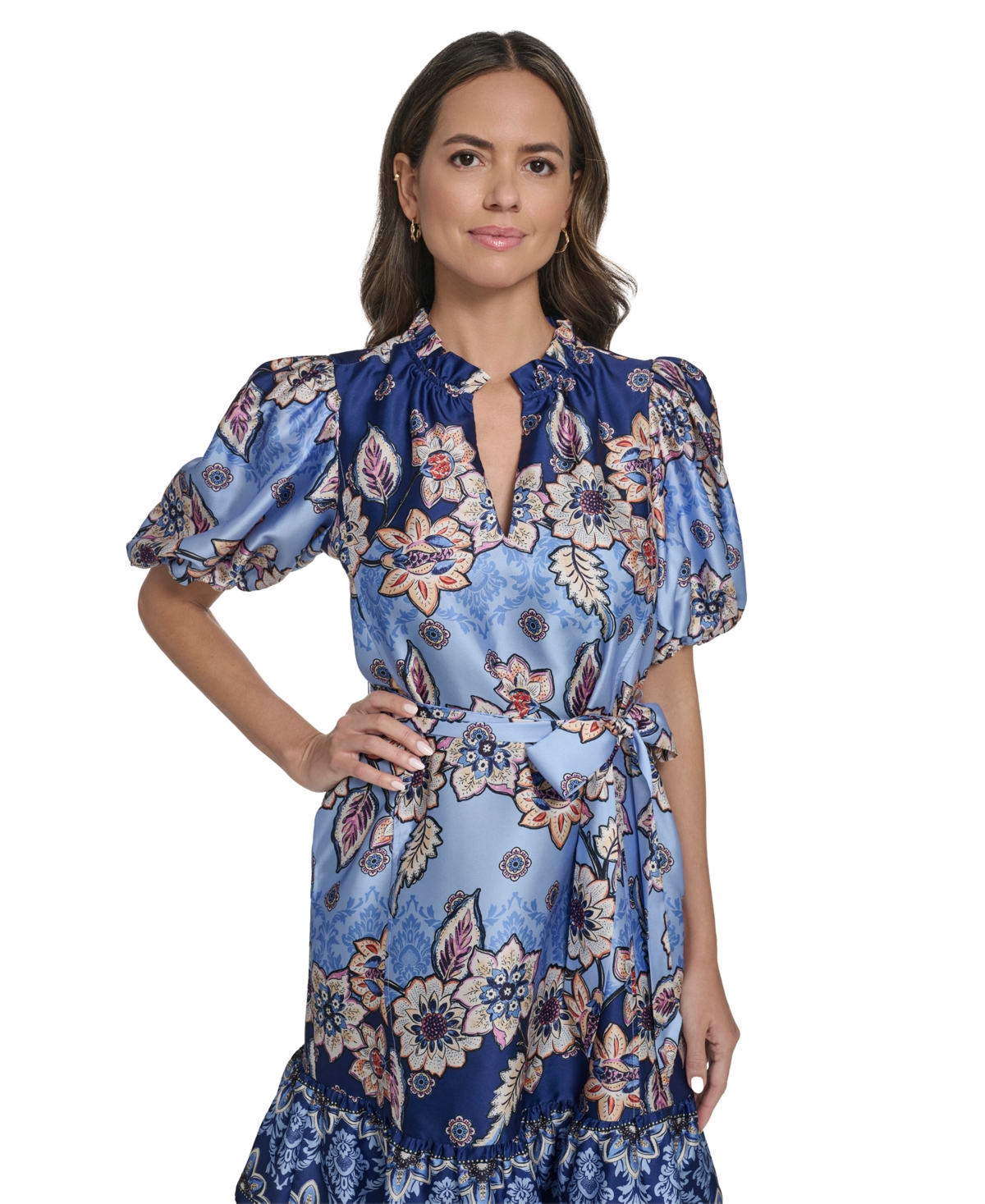 Vince Camuto Women's Bubble-Sleeve Trapunto Sash Trap Float Dress