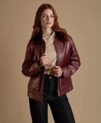 Women's Leather Jacket with Detachable Shearling Collar
