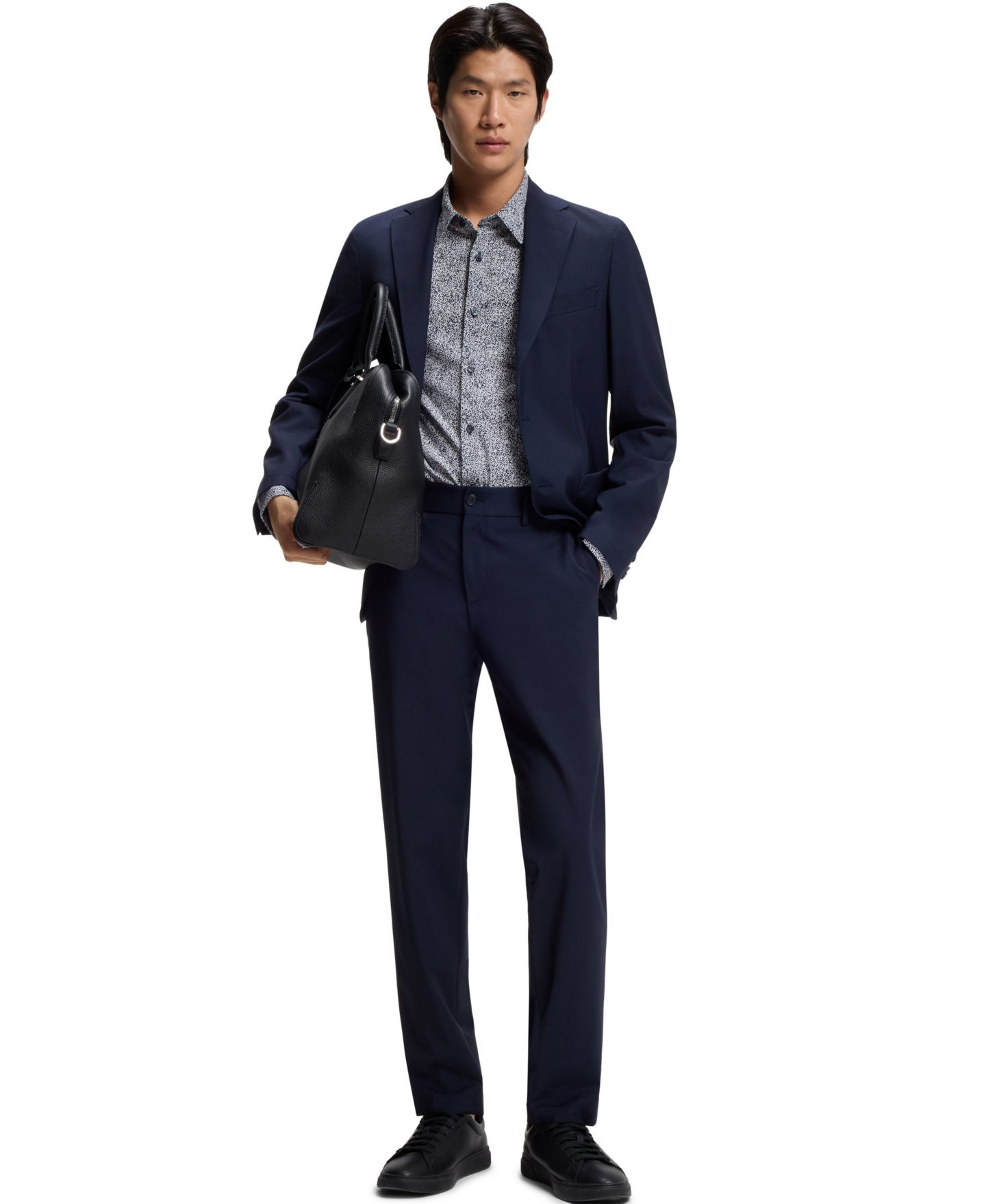 Мужская рубашка Hugo Boss Printed Cotton Blend Slim-Fit Dress Shirt, цвет: Тёмный синий — фото 2