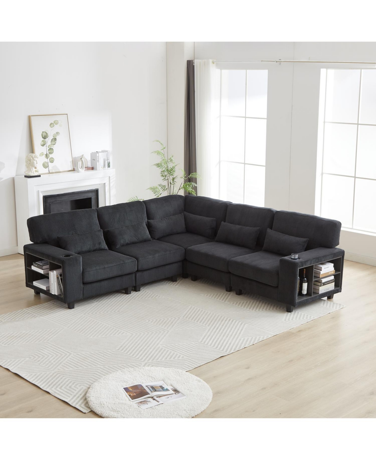 Streamdale Furniture L-Shaped Corduroy Sectional Sofa with Storage & Cup Holder