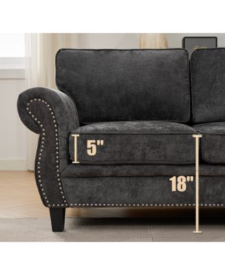 Dark Gray Chenille Sectional Sofa, Rivets, Rolled Arm, 6 Seater