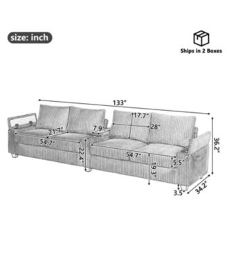 Corduroy Sofa Couch 133" w/ USB Storage & Cup Holders