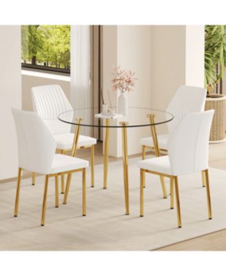 Luxury Glass Dining Set - Gold Legs 4 White PU Chairs