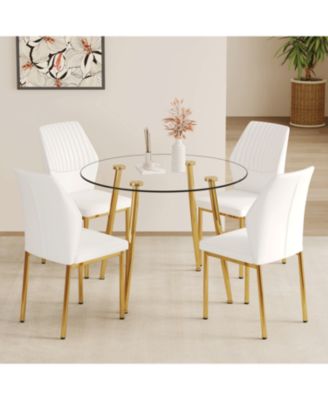 Luxury Glass Dining Set - Gold Legs 4 White PU Chairs