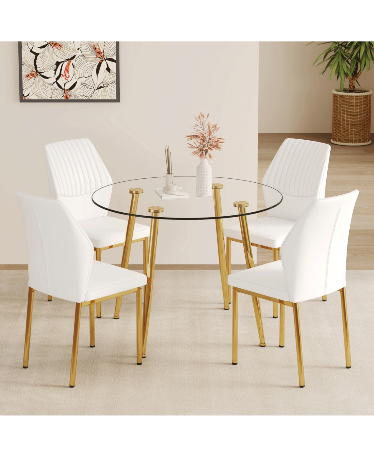 Streamdale Furniture Luxury Glass Dining Set - Gold Legs 4 White Pu Chairs