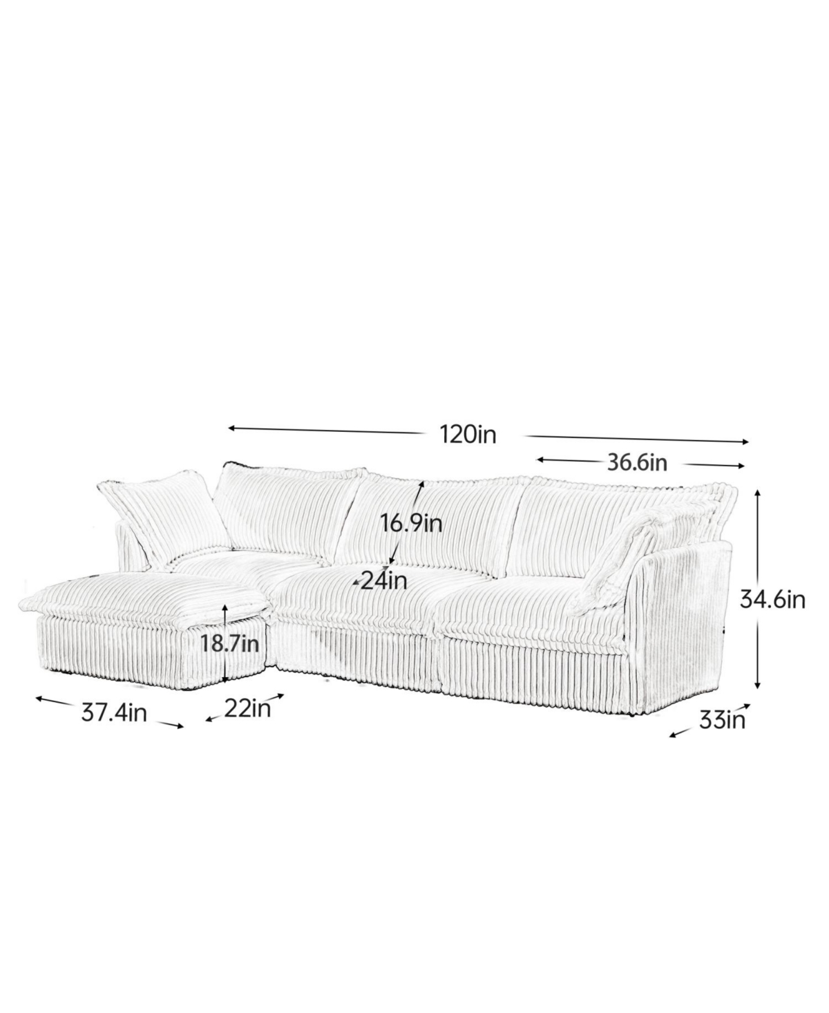 Streamdale Furniture L-Shaped Black Corduroy Sectional Sofa with Ottoman