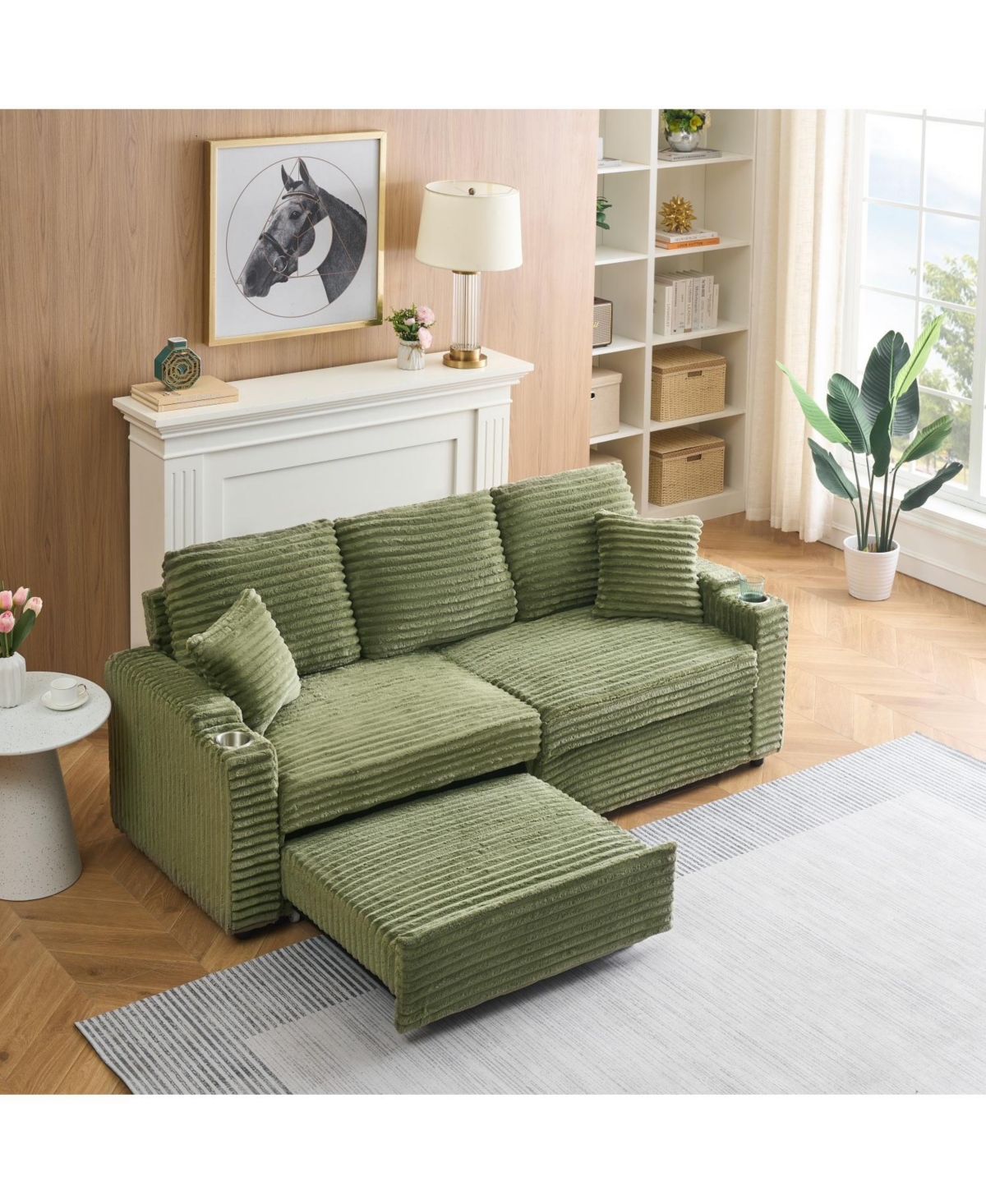 Streamdale Furniture 80" Folding Corduroy Sofa Bed w/ Cup Holder & Pillow - Green