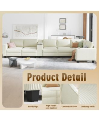 L-Shaped Corduroy Sofa w/ Storage USB & Console