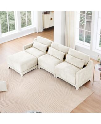 Chenille 3-Seater Sofa w/ Ottomans - Beige