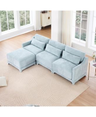 Chenille 3-Seater Sofa w/ Ottomans - Sky Blue