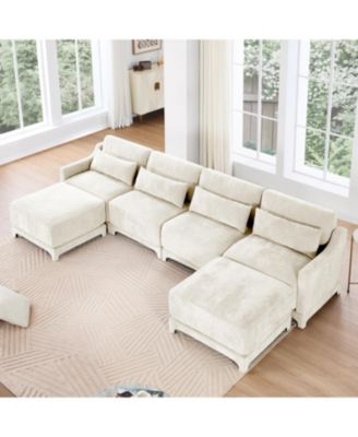 Beige Chenille 4-Seater Sofa with Ottoman