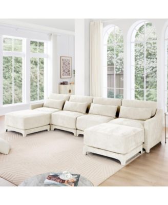 Beige Chenille 4-Seater Sofa with Ottoman