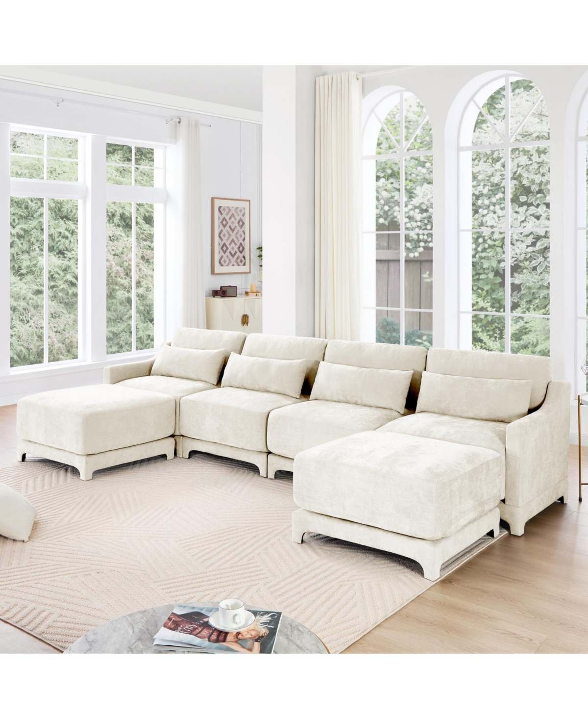 Streamdale Furniture Beige Chenille 4-Seater Sofa with Ottoman