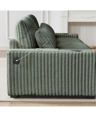 Corduroy L-Shaped Sofa w/ Cup Holder USB Pillows