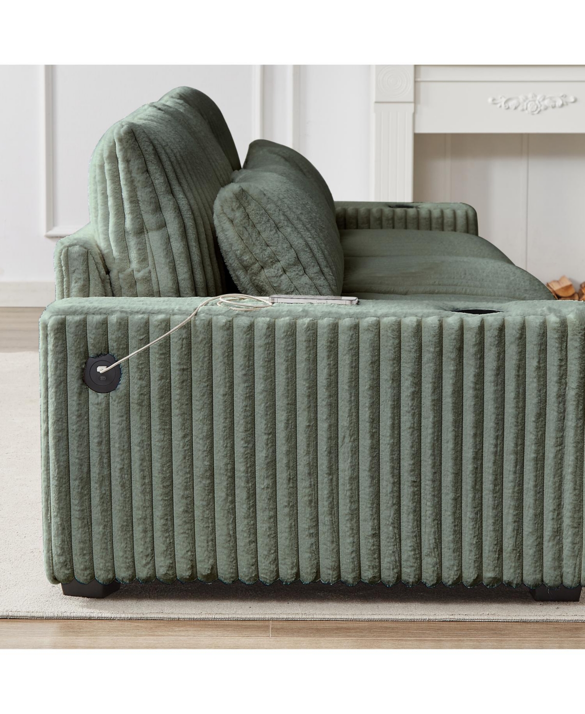 Streamdale Furniture Corduroy L-Shaped Sofa w/ Cup Holder Usb Pillows