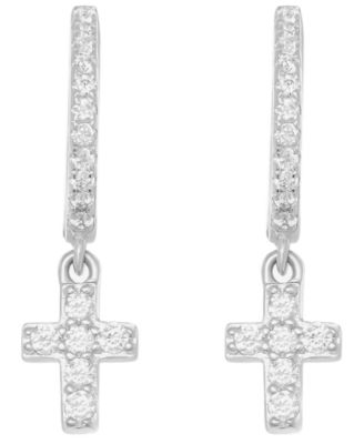 Cubic Zirconia Religious Cross Charm Dangle Huggie Hoop Earrings