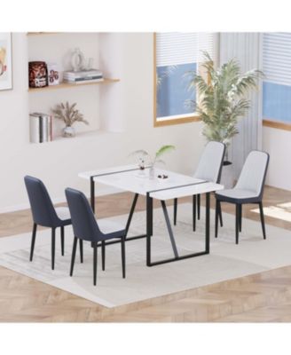 55" Modern Dining Table Set, Black Metal Legs, White Top, PU Chairs