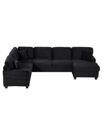 U-Shaped Sectional Sofa with Ottoman & Storage Pockets, Black