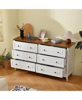 White 6-Drawer Dresser with Wide Drawer & Metal Handles