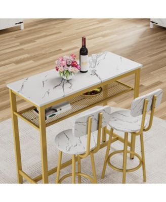  3-Piece Counter Height Dining Table Set, Faux Marble Top