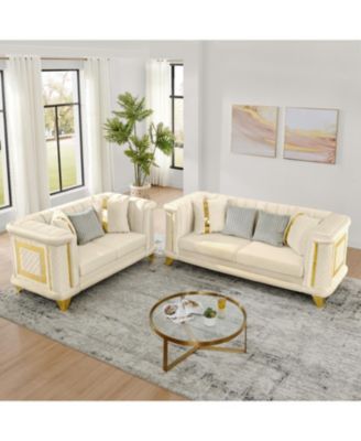 Streamdale Velvet Sofa Set: Gold Trim, Embroidered, Mid-Century Modern, Beige