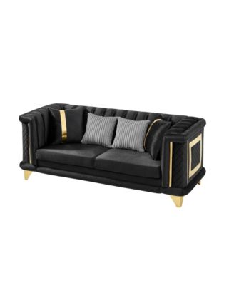 Velvet 3 Seater Sofa, Gold Trim, Tufted Couch with Pillows