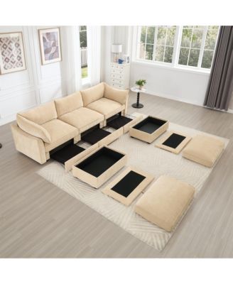 U-Shaped 3-Seater Sofa w/ Footstools & Storage - Chenille Wheat