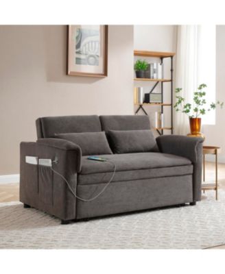 55" Velvet Pull Out Sofa Bed w/ USB, Pockets, Pillows