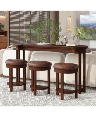 4-Piece Bar Table Set- PU Stools, Solid Wood, Cherry