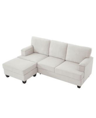 Beige Linen L-Shaped Sectional Sofa with Ottoman