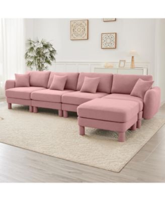 Boucle Convertible Sectional Sofa with Ottoman, Shell Arms
